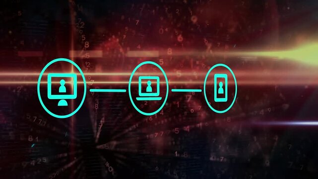 Animation of network of digital icons against binary coding and light spot on black background