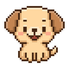 Obraz premium Cute 8-bit pixel art puppy character sprite, featuring a cheerful golden and brown color palette and a happy expression with tongue out. An ideal asset for retro pet-themed project