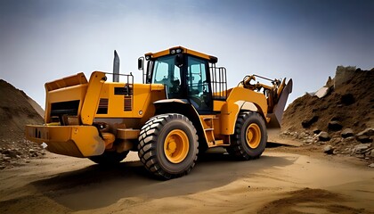 Obraz premium A large, yellow construction machine with a scoop sits on a sandy ground near a pile of rocks and earth, under a hazy sky