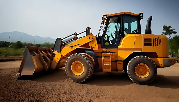 A large, yellow construction machine with a front loader sits on dirt, the sun highlighting its sturdy wheels. Mountains are in background