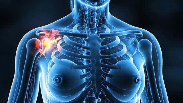 Human shoulder joint pain highlighted in blue x-ray illustration