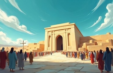 Obraz premium Abstract illustration of ancient Jerusalem, people gather at Temple of Solomon. Symbol of faith, worship and sacred history in old testament times. Religious pilgrimage gathering.