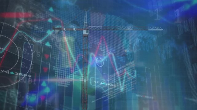 Animation of financial data processing over world map against construction site