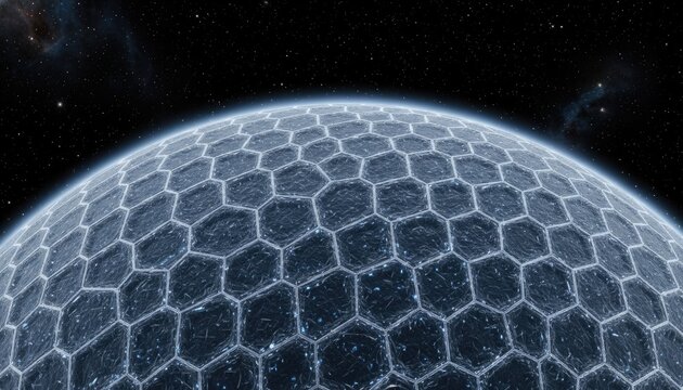 Geometrical Planet: A captivating view of a celestial body adorned with an intricate, geometric pattern across its surface, set against the backdrop of the star-studded cosmos.