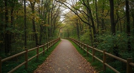 Obraz premium A serene forest path with a wooden fence on a sunny day