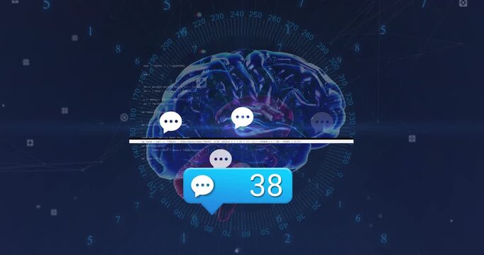 Animation of message icon with increasing numbers over human brain icon on blue background