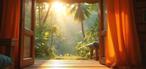 Naklejka premium View from open bungalow door with orange curtains to lush green jungle. Warm sunlight streams through trees, illuminating tropical paradise. Peaceful morning.