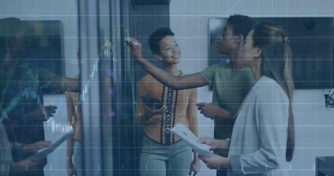 Animation of financial data processing over three diverse women discussing over glassboard at office