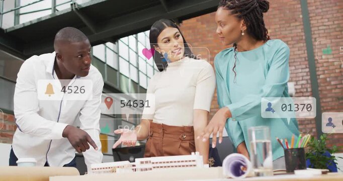 Animation of numbers, icons in notification bars, diverse coworkers discussing blueprint in office