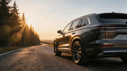 Fototapeta premium Modern luxury SUV on scenic highway near forest at golden hour. Low angle shot of asphalt road. Cinematic lighting with lens flare. Negative space for text. 3D render for automotive advertising.
