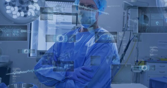 medical surgeon performing operation in high-tech OR, showing holographic graphs with code overlays