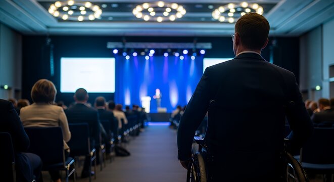 Business conference with audience in modern auditorium setting