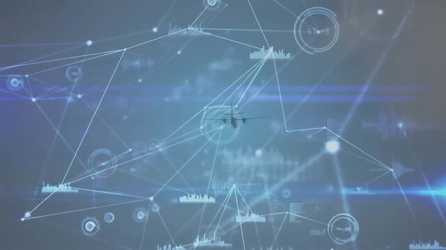 Plane silhouette appearing at center causing network forming, showing live data metrics flowing