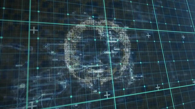 Circuit outlines drifting initiating golden wireframe brain emerging rotating for network demo