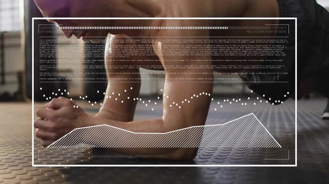 male athlete starting plank as fitness overlay appearing showing fluctuating performance metrics