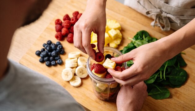 Woman adding raspberries and pineapple into blender cup, man steadying, preparing food smoothie