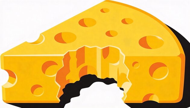 Showing stylized yellow cheese wedge with holes and jagged bite on white backdrop, black shadow