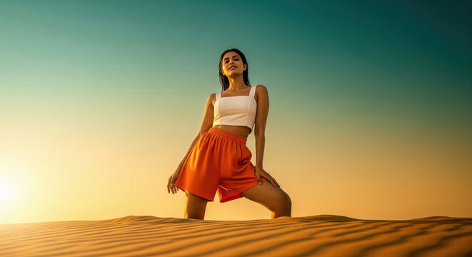 Confident woman standing on desert dune at golden hour.