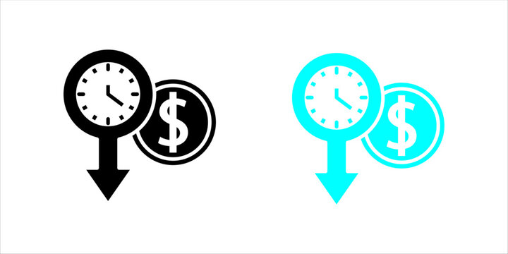 Minimal outline icon set. of clock, dollar symbol, and downward arrow representing reduced costs, time efficiency, and financial decline concepts.