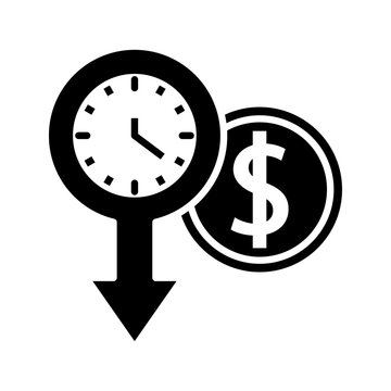 Minimal outline icon of clock, dollar symbol, and downward arrow representing reduced costs, time efficiency, and financial decline concepts.