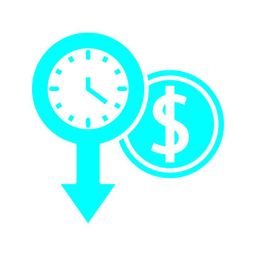 Minimal outline icon of clock, dollar symbol, and downward arrow representing reduced costs, time efficiency, and financial decline concepts.