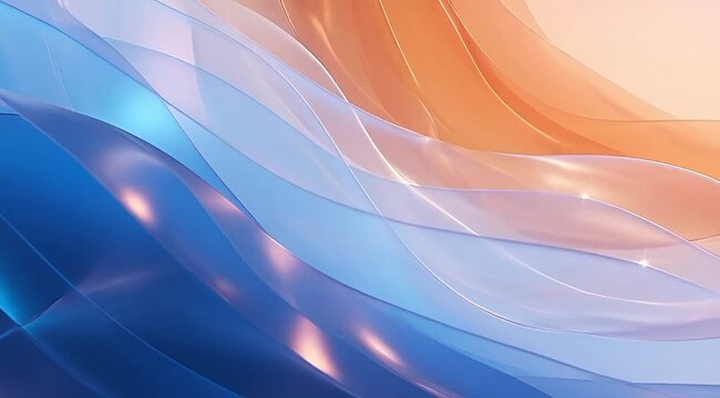 Abstract flowing 3D waves with translucent blue and amber layers creating a modern digital background
