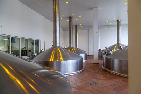 Stainless steel brewing vats in modern brewery