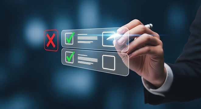 Hand holding pen interacting with virtual checkboxes on transparent screen digital interface