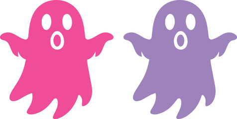 Fototapeta premium Cute Halloween ghost vector illustration, two adorable cartoon ghosts, pink and purple spooky spirits, fun graphic resource for kids' designs and holiday projects