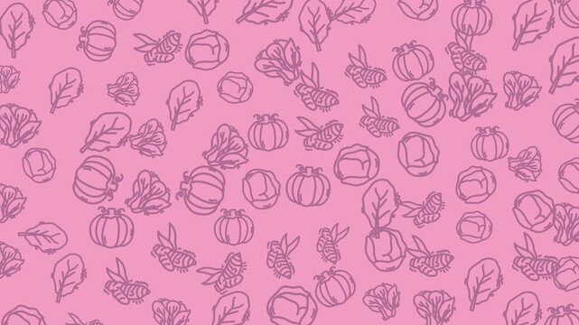 Seamless looping vegetable doodle pattern animation on pink background featuring pumpkins, cabbage, leaves, and bees. Ideal for autumn, harvest, organic food, and farm-themed video content.