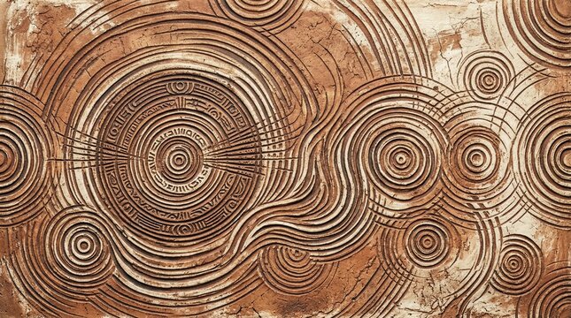 abstract background inspired by circular rhythm of Korean shaman ritual drums combined with concentric ripple wave physics patterns, limited clay brown and ivory palette, rhythmic mystical composition