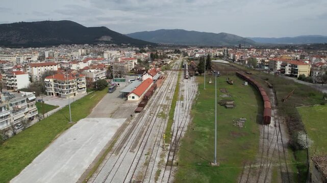 Aerial View of Railway Station and Abandoned Train Carriages in Drama Greece