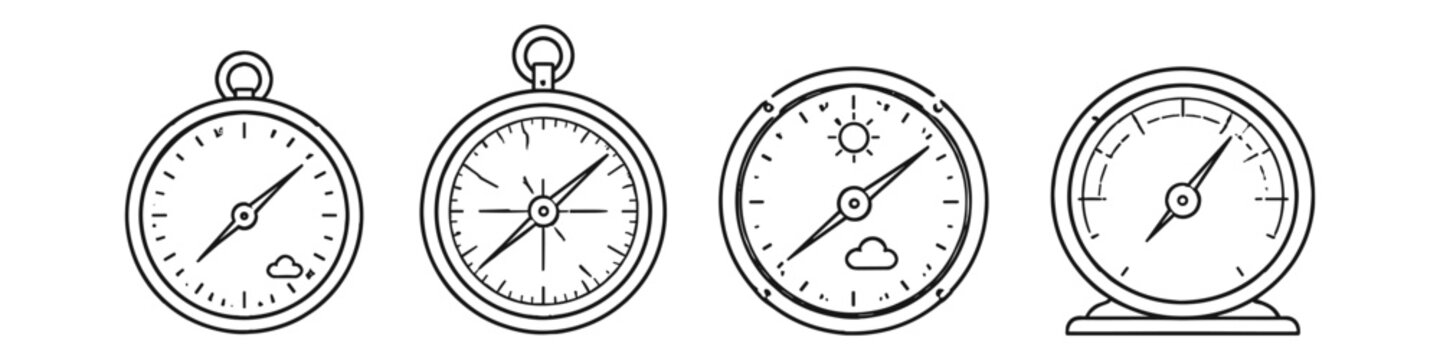 Collection of vintage compasses and gauges with simple line art illustrations