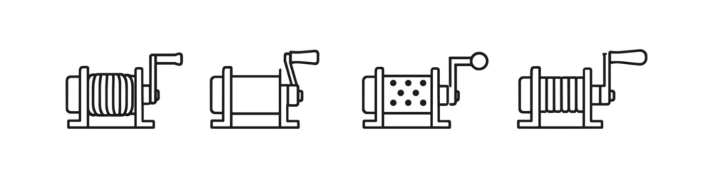 Collection of four line art icons depicting different types of winches and reels