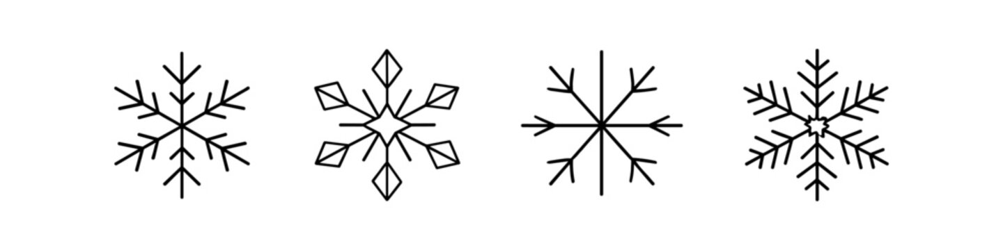 Collection of four unique snowflake icons in a simple line art style