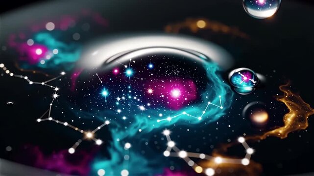 Several mesmerizing, multicolored spheres reflect vivid galactic nebulae and stars, floating on a dark, reflective surface, creating a cosmic, abstract, and vibrant display.