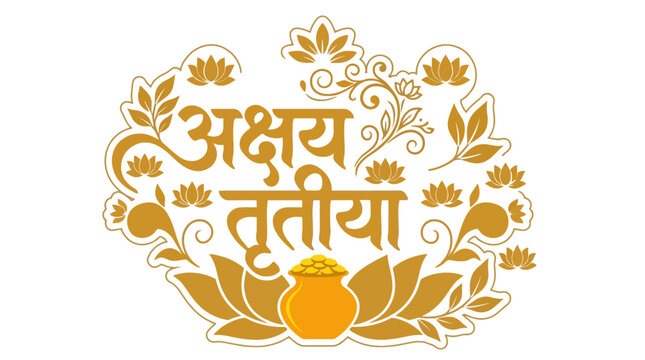 Happy Akshaya Tritiya Hindi calligraphy sticker with golden coin pot and floral elements vector illustration