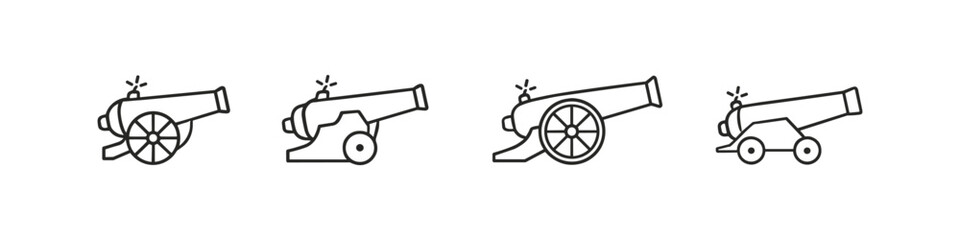 Fototapeta premium Collection of four line art cannons with wheels, representing historical artillery pieces