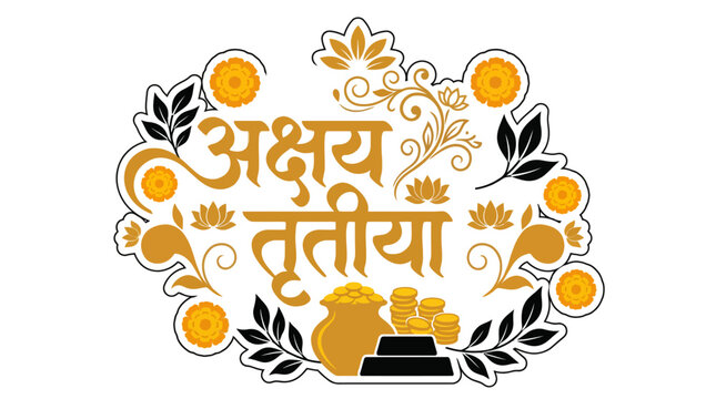 Happy Akshaya Tritiya Hindi calligraphy sticker with golden coin pot and floral elements vector illustration