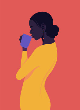 Modern flat vector illustration of a beautiful Black woman, relaxing with  a purple mug against a warm coral background. Morning routine, self-care, mindfulness, diversity, and peaceful lifestyle.