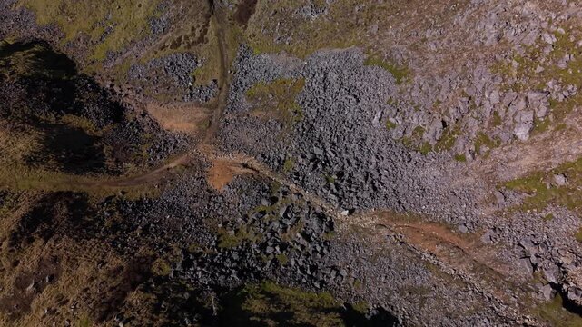 Aerial view of rocky Gunnerside Gill landscape in Yorkshire Dales, England