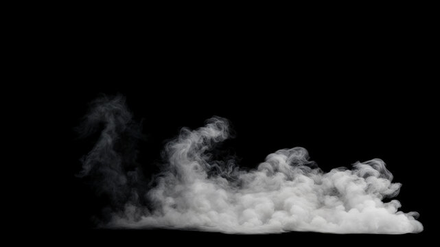 Swirling white smoke drifts horizontally with transitions from dense bright white on the right to wispy gray tendrils on the left on a black background