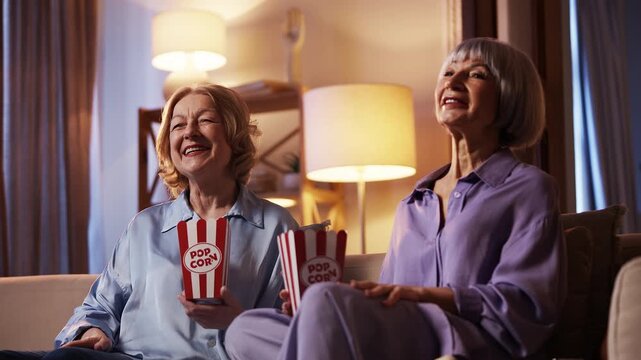 Joyful senior women laughing while watching comedy on TV and eating popcorn