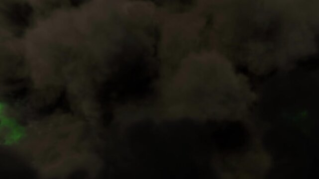 Close-up ground view of a Massive Billowing Explosion or Blast going to Camera with very dense Smoke fast Shockwave and many Trails on a perfect green Background