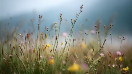 Obraz premium Soft focus wild meadow with delicate wildflowers and blurred hills.