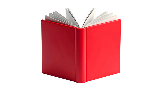 Open book with red cover. Pages fanned open against a black background