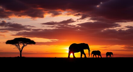 Fototapeta premium Silhouettes of elephants walking at sunset on African savannah
