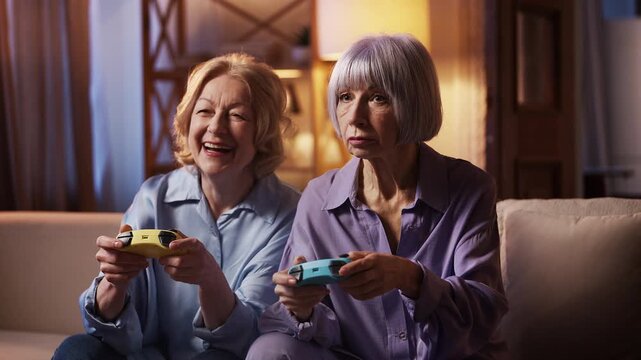 Smiling senior women playing video game with joysticks at home, leisure fun