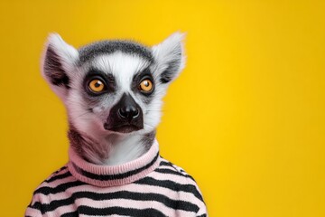 Fototapeta premium Lemur wearing striped sweater poses against yellow background