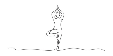 one continuous drawn line of yoga drawn from the hand picture silhouette. Line art. character female athlete. one line Icon drawing
